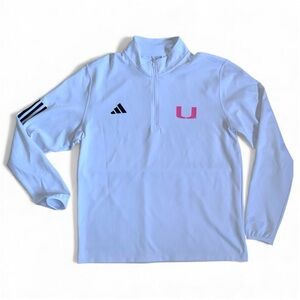 Adidas Men’s White Quarter-Zip Pullover with University of Miami “U” pink logo